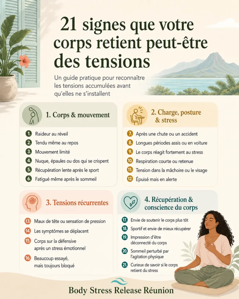 Infographie présentant 21 signes que le corps peut retenir des tensions, avec des exemples liés au mouvement, à la posture, au stress, aux tensions récurrentes et à la récupération.