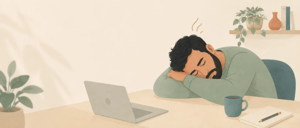 Illustration d’une personne fatiguée reposant sa tête sur un bureau, représentant la sensation d’être toujours fatigué même après le repos.