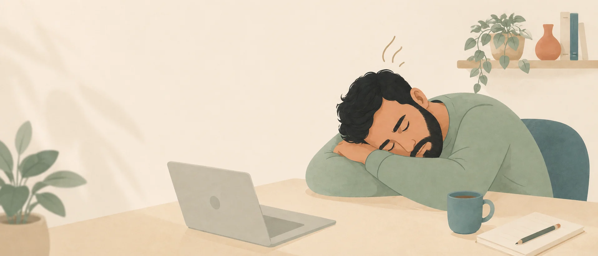 Illustration of a tired person resting their head on a desk, showing the feeling of being still tired even after rest.
