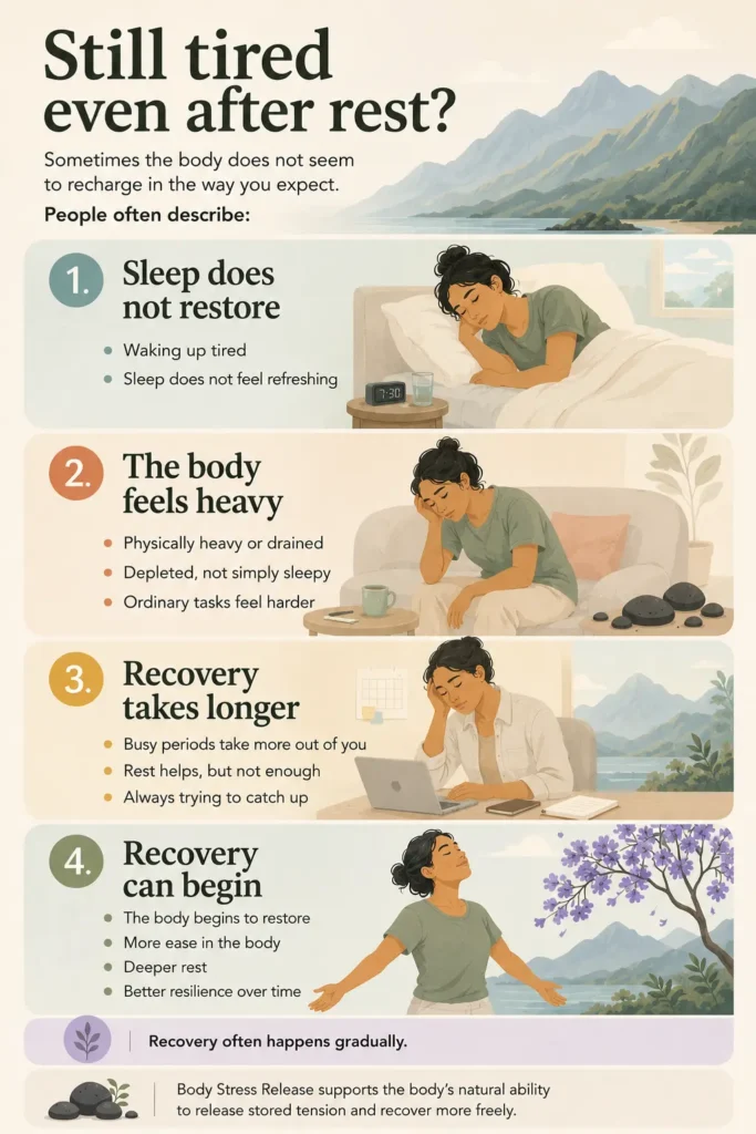 Infographic explaining signs of being still tired after rest, including unrefreshing sleep, physical heaviness, slower recovery, and gradual restoration.