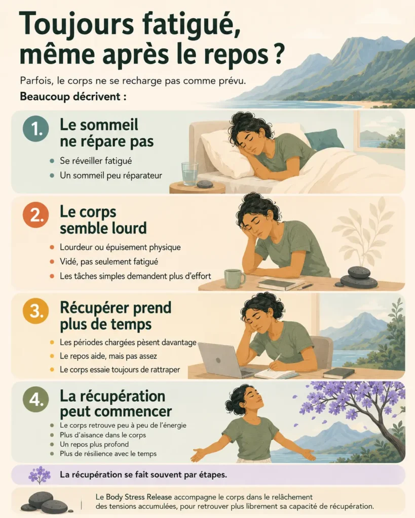 Infographie expliquant les signes d’une fatigue persistante après le repos, comme un sommeil peu réparateur, un corps lourd et une récupération plus lente.