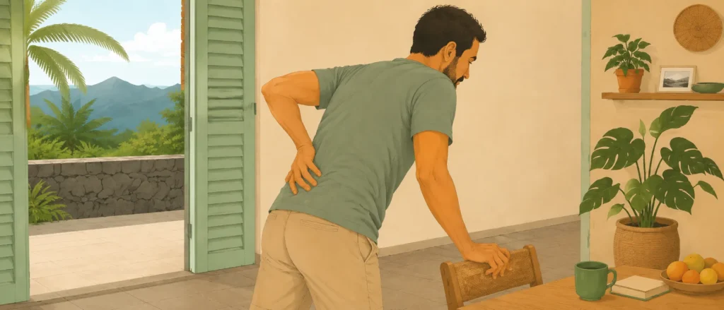Illustration d’un homme tenant son bas du dos après un blocage soudain lors d’un geste du quotidien.