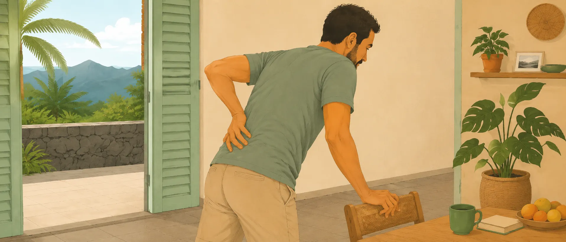 Illustration of a man holding his lower back after it suddenly locks up during an everyday movement.