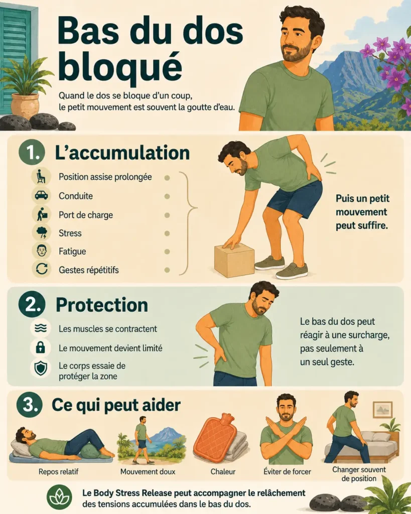 Infographie expliquant comment les tensions lombaires peuvent s’accumuler, pourquoi le corps se met en protection, et ce qui peut aider.