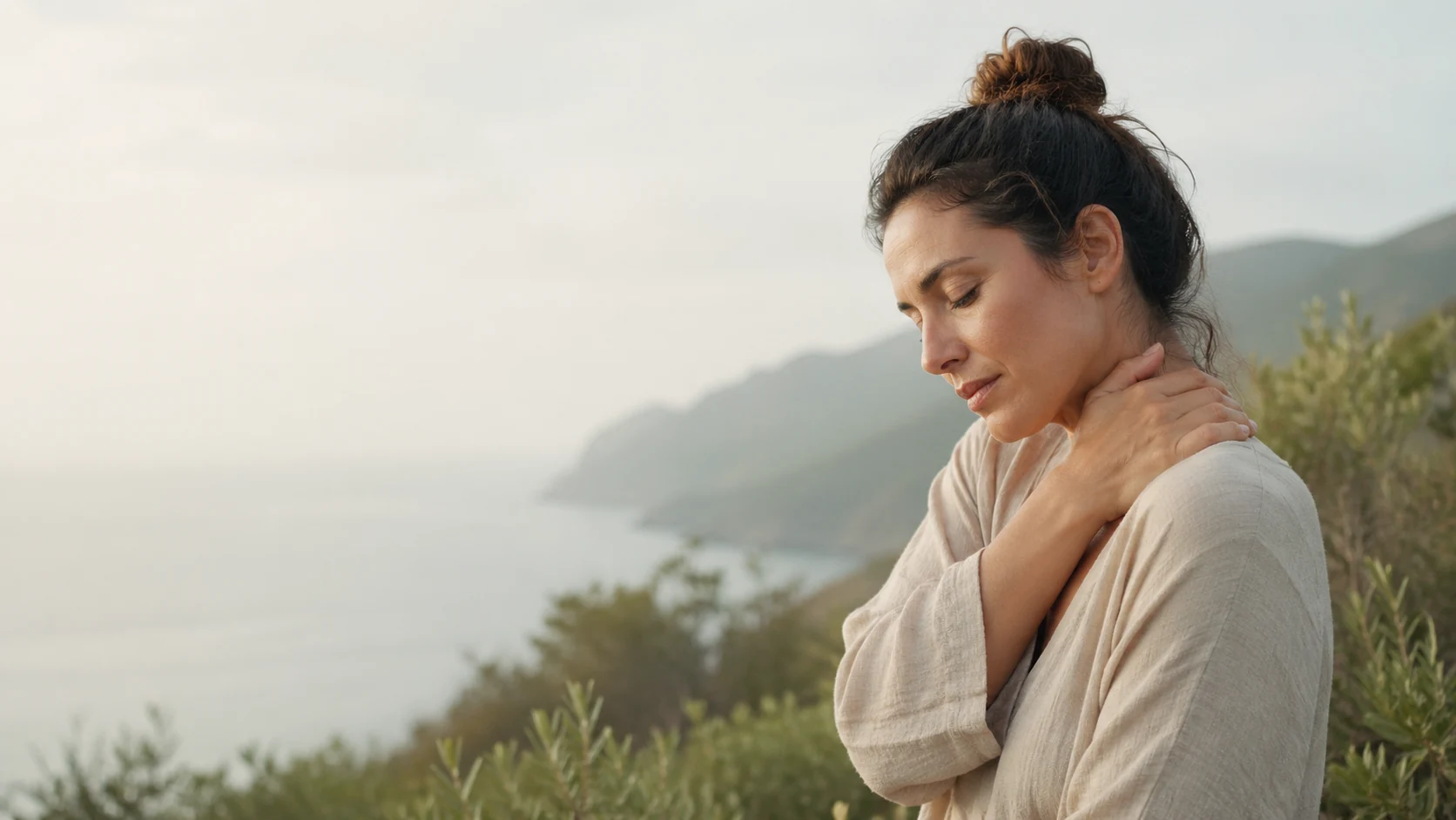 Illustration of a woman experiencing neck and shoulder tension in a landscape inspired by Réunion.