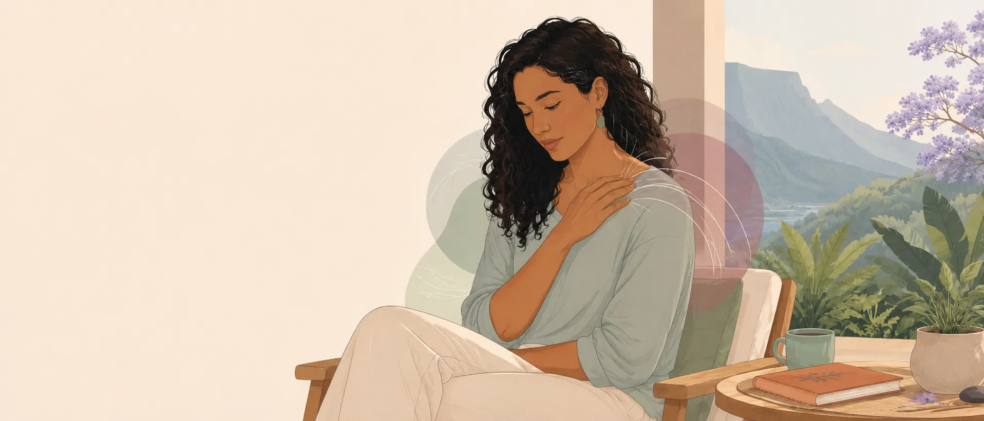 Illustration of a woman gently resting one hand near her chest, showing how stress can become physical in the body.