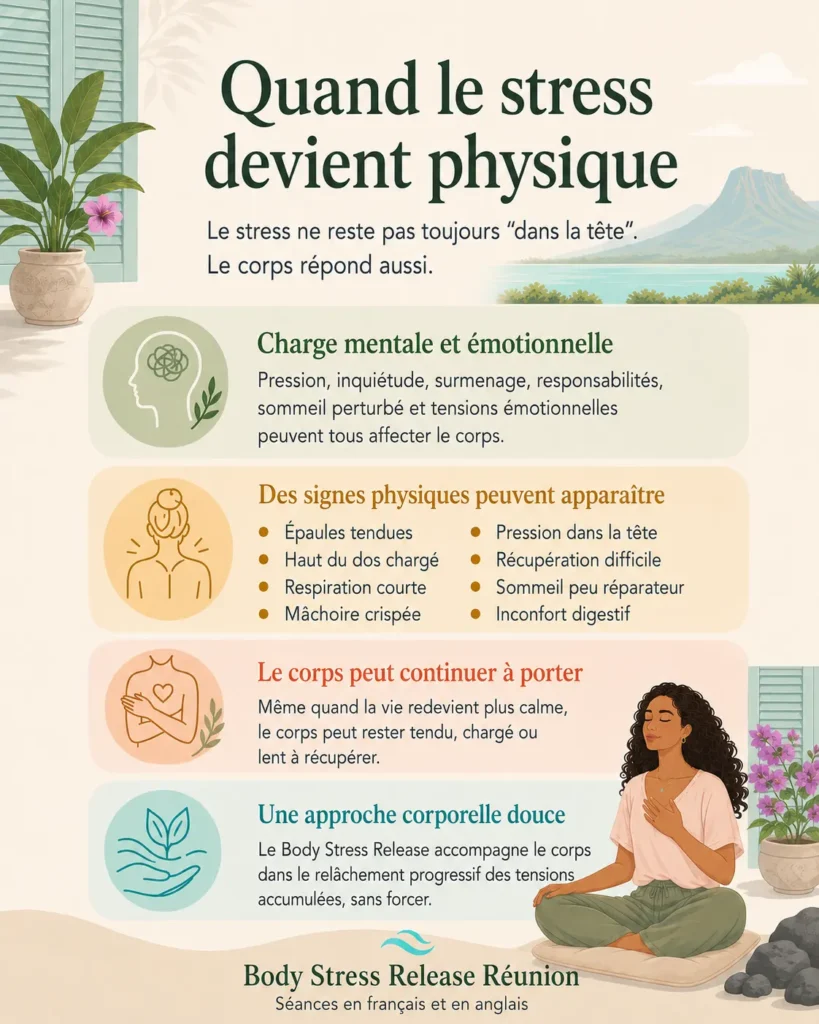 Infographie expliquant comment le stress peut devenir physique, avec des signes comme les épaules tendues, la respiration courte, la récupération difficile et le sommeil peu réparateur.