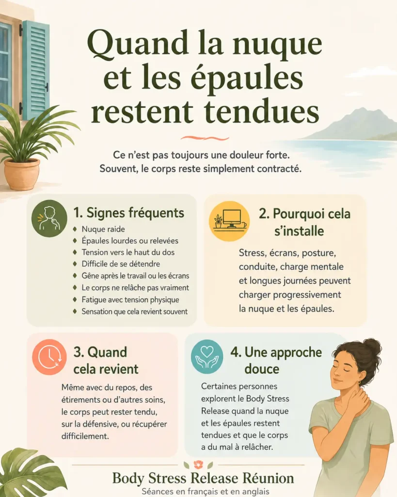 Infographie expliquant comment les tensions dans la nuque et les épaules peuvent s’installer au quotidien, avec les signes fréquents, les causes possibles et une approche douce avec le Body Stress Release.